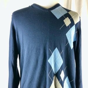 ON LONG SLEEVE V-NECK COTTON Blu ARGYLE SWEATER XL